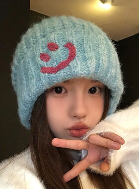 羊毛蓝色针织毛线帽女2025年秋冬季百搭帽子大头围显脸小护耳