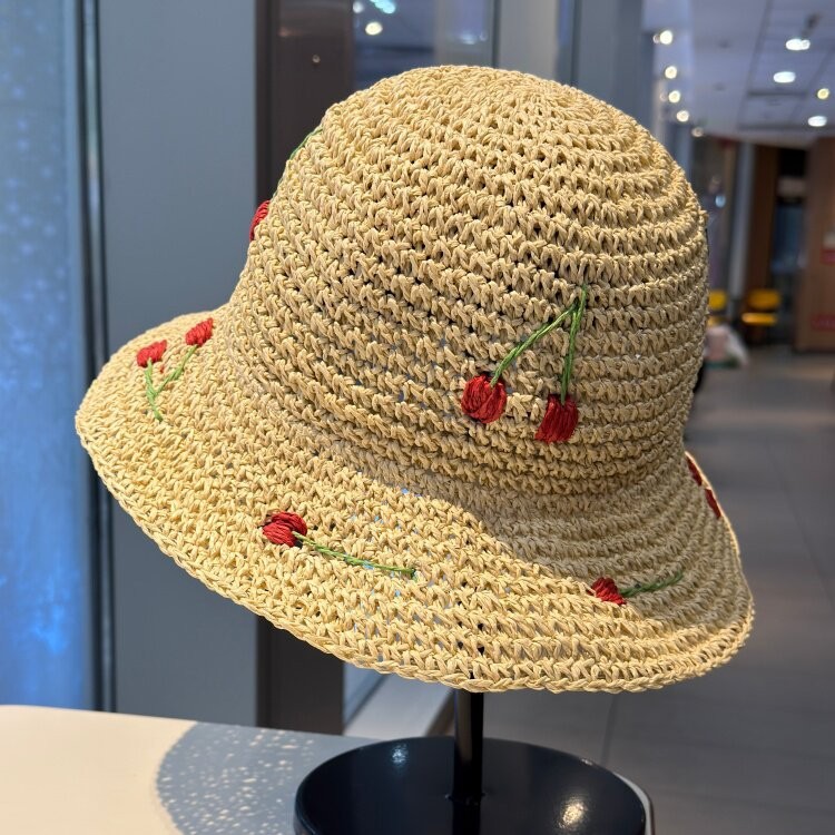 夏季女大檐樱桃草编渔夫帽遮阳