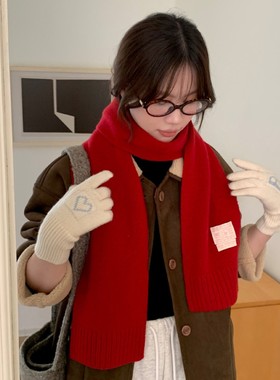 纯羊毛韩系红色针织围巾女秋冬氛围感软糯保暖护颈防寒毛线围脖