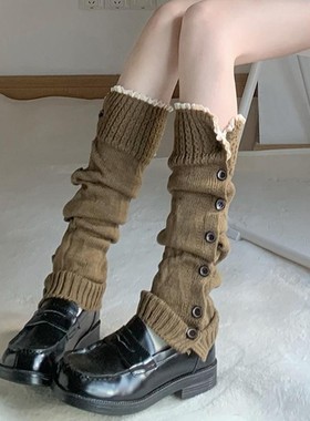 灰色针织堆堆袜套JK纽扣款复古绞花毛线中筒腿套翻边设计感小腿
