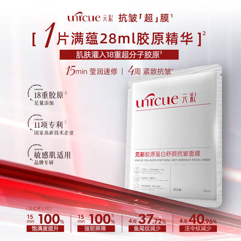 元彩胶原蛋白抗皱面膜提拉紧致淡纹修护舒缓28ml*5片补水保湿熬夜