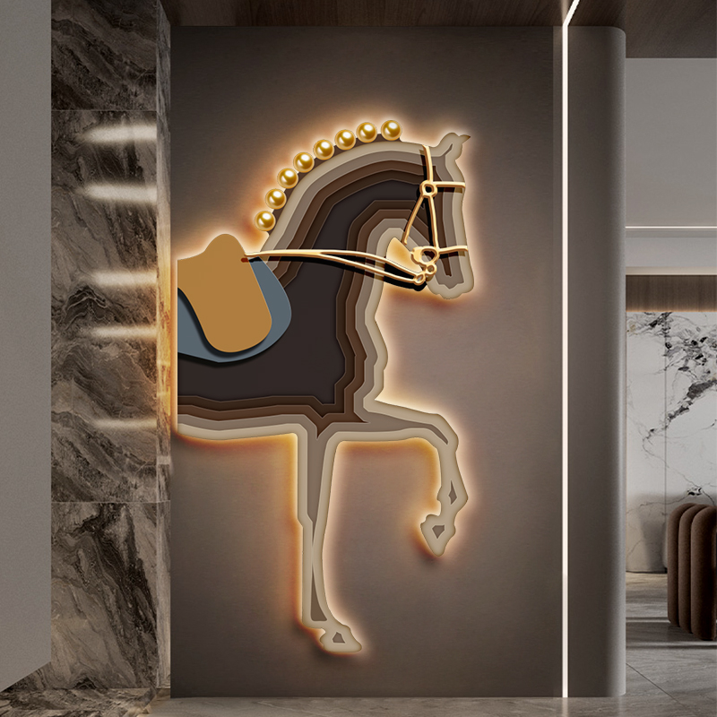 现代轻奢风玄关装饰画马到成功高级感玄幻壁画客厅走廊led灯挂画