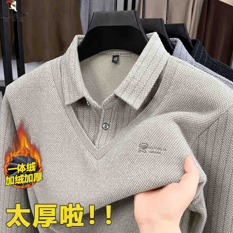 啄木鸟冬季男士假两件加绒加厚毛衣翻领保暖针织中老年polo打底衫