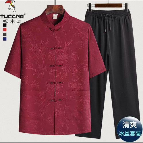 啄木鸟爸爸套装两件冰丝中年男士夏季短袖衬衫中老年人休闲衣服