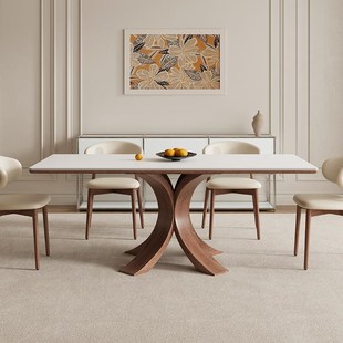 中古风高端全托小户型吃饭桌子 德利丰实木岩板餐桌长方形家用法式