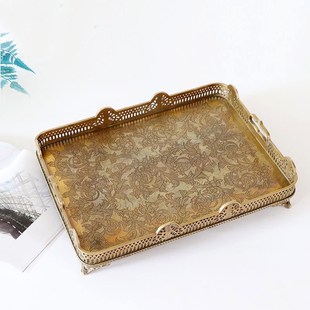 奢华茶盘果盘收纳盘 费灵家居印度进口手工复古雕花大托盘家用欧式