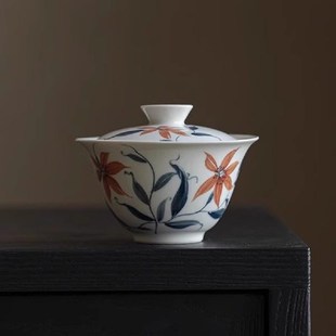 仿古泡茶碗家用茶杯茶盘盖碗手工 草木灰手绘陶瓷盖碗功夫茶具中式