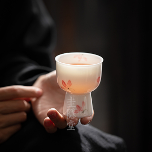 圭隐堂手绘粉兰花高足茶杯羊脂玉瓷家用女士主人杯喝茶单杯品茗杯