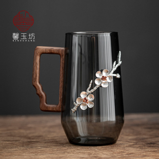胡桃木把烟灰玻璃水杯轻奢锡花喝水杯耐高温家用办公带把手茶杯