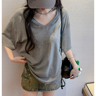 夏季 现货欧货大版 t恤女式 型宽松基础款 落肩2025V领上衣莫代尔 短袖