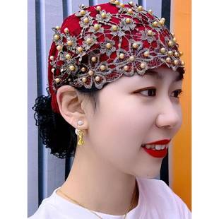 帽子遮白发的头饰新款四季薄款金丝花朵梅花珠蕾丝包头帽时尚透气