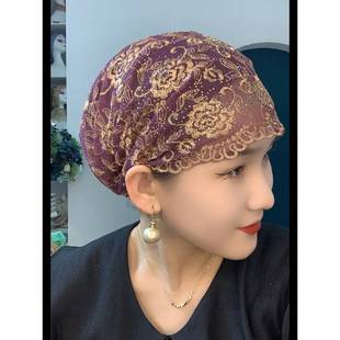 帽子遮白发的头饰新款夏季薄款蕾丝帽包头帽玫瑰花刺绣头巾帽时尚