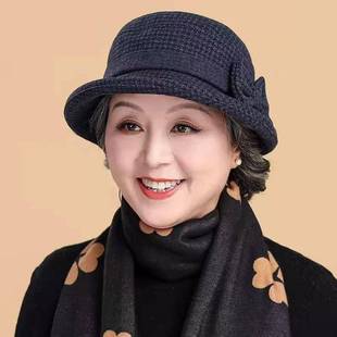 帽子遮白发的头饰新款中老年人女秋冬季妈妈时尚毛呢盆帽礼帽奶奶