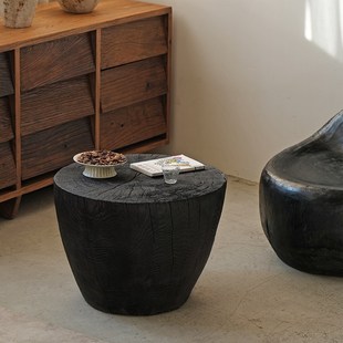 侘寂风实木墩茶几碳化黑边几民宿客厅创意简约木桩圆形阳台小茶桌