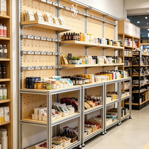 精品店铝木洞洞板货架超市日化零食置物展架可调节层板商品陈列架