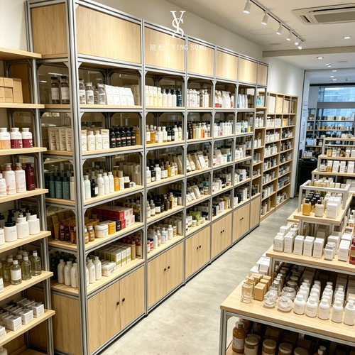 简约风集合店铝木展示柜日化货品多层置物架线下门店储物陈列货架
