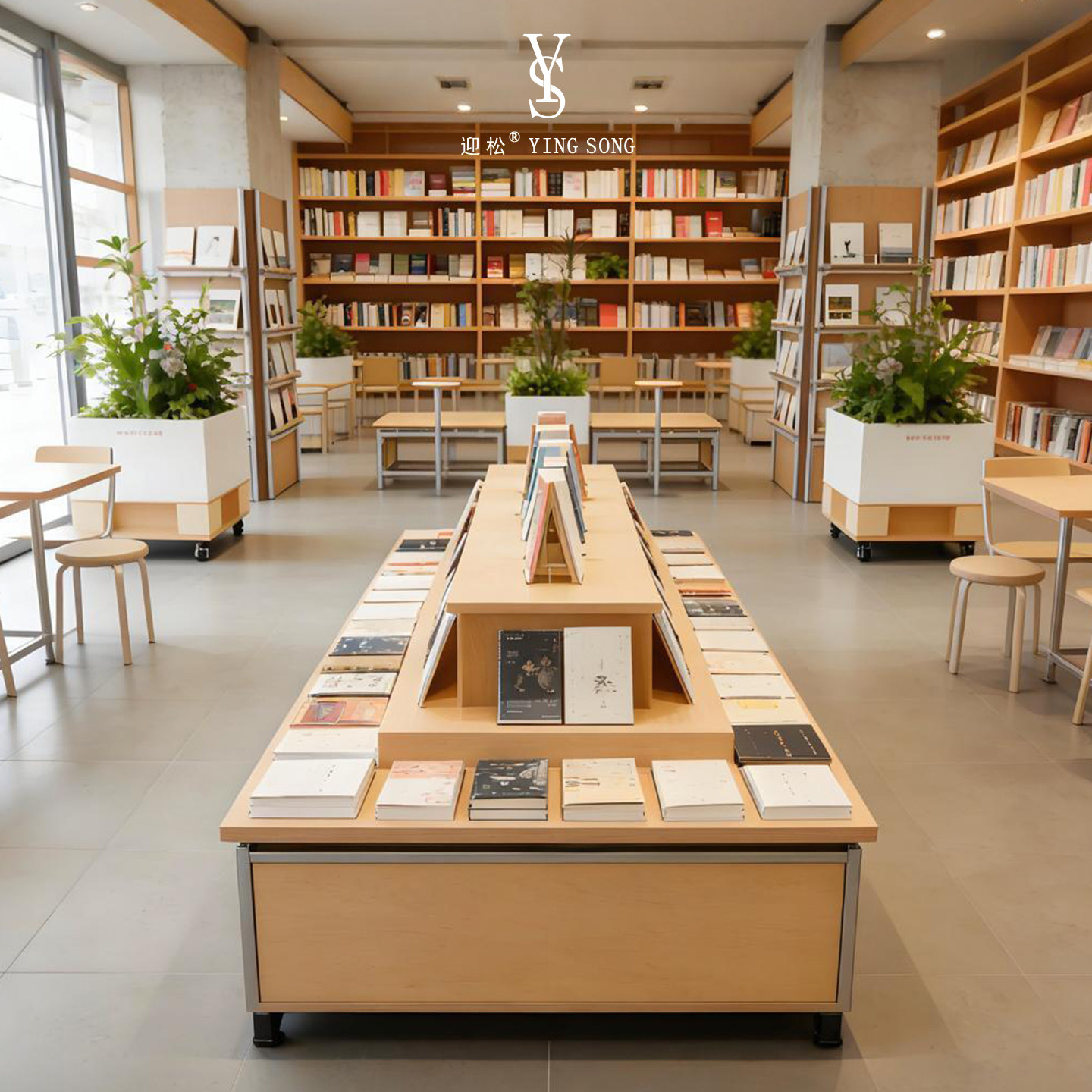 铝型材现代简约储藏书柜海洋板实木图书架商场超市书店展示架桌椅
