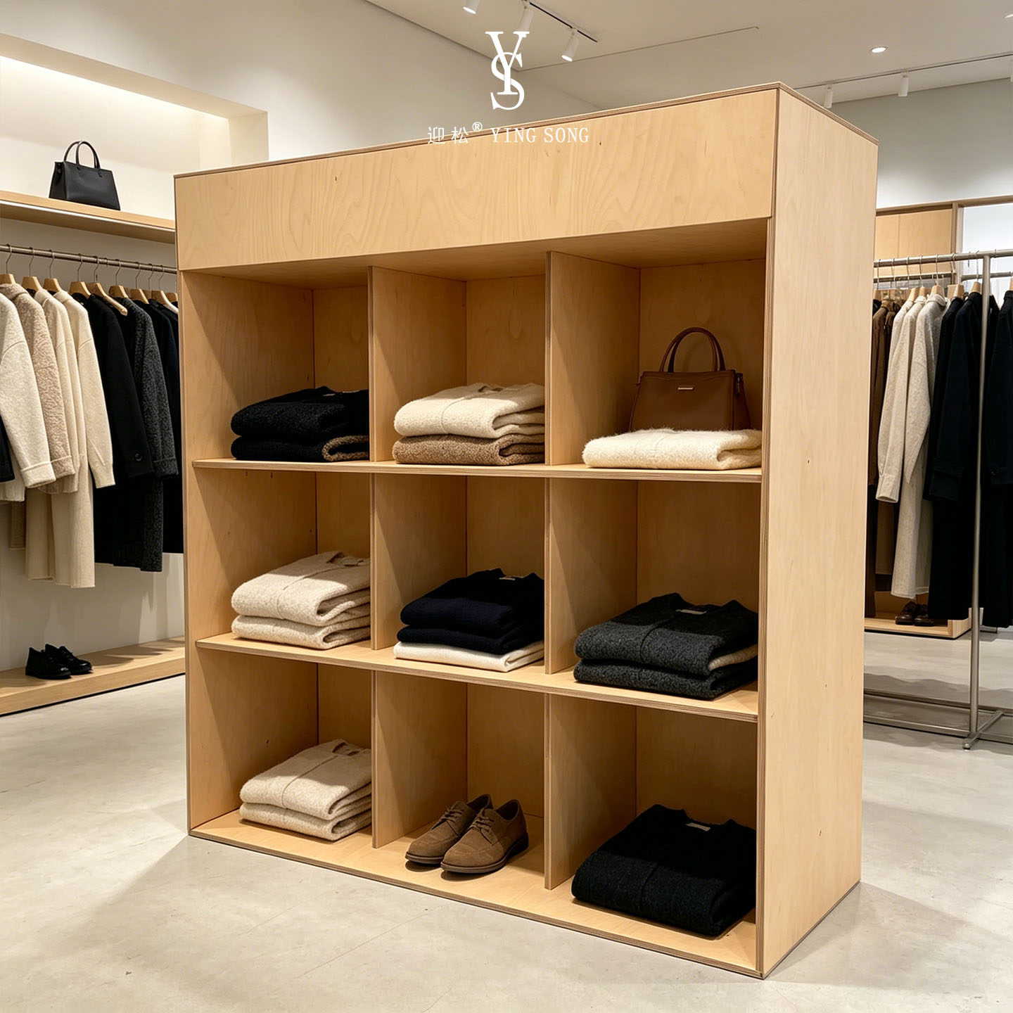 服装门店落地格子货柜木质包包衣物陈列架商铺多格货品展示置物柜图片