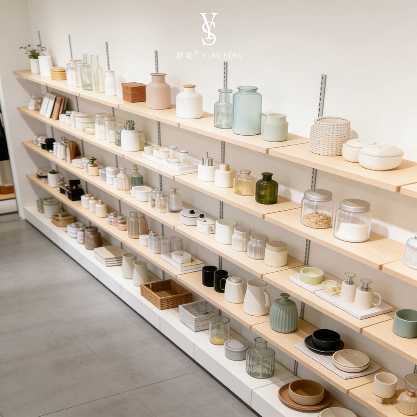 迎松木质商场墙上多层置物架家用展示架商用收纳架壁挂式储物架