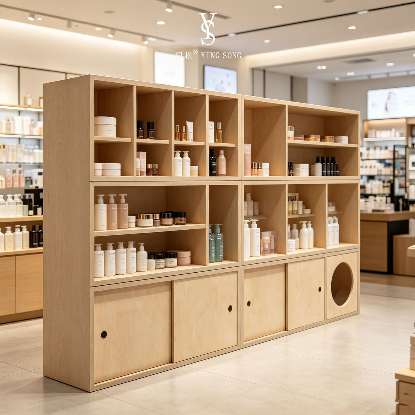 原木格子化妆品展示柜护肤产品陈列台美容店落地储物展示架可定做