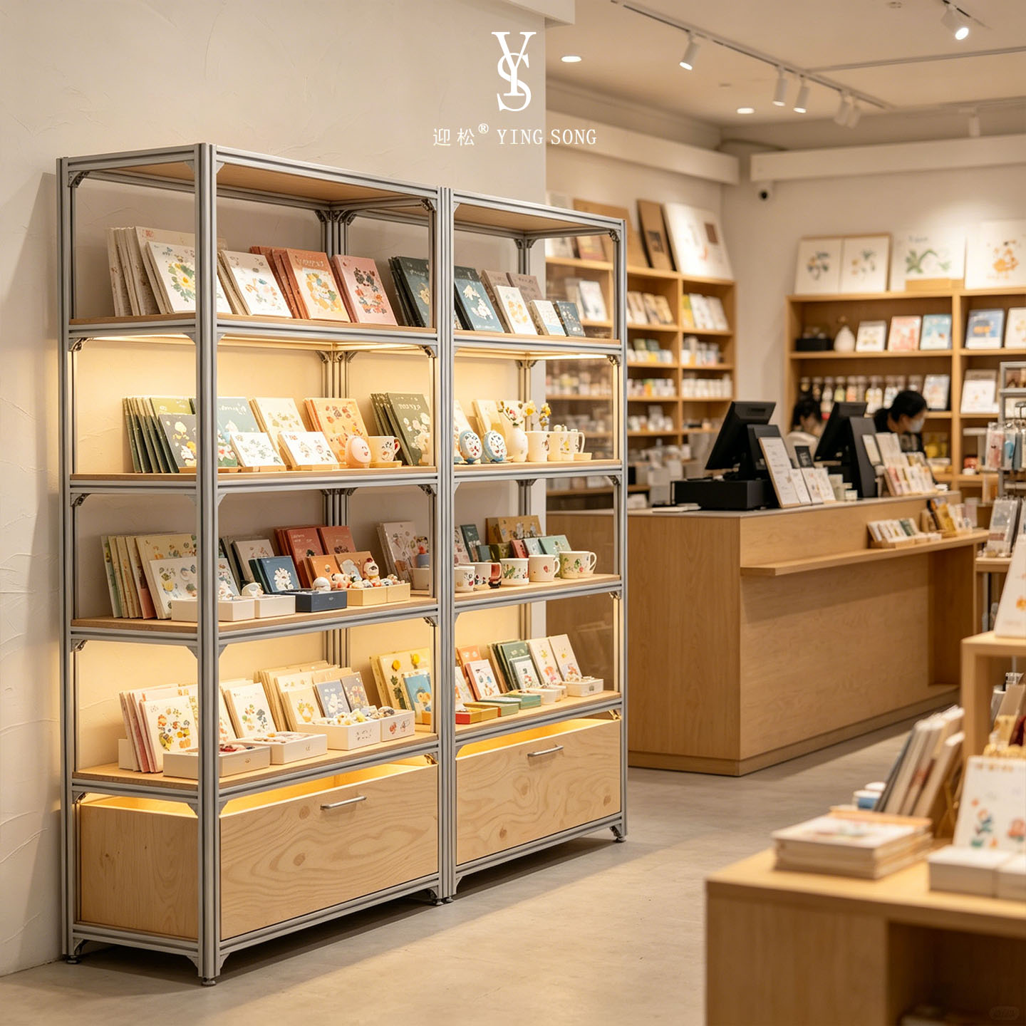 模块化铝型材文创货架书店伴手礼明信片原木抽屉落地陈列展示柜子
