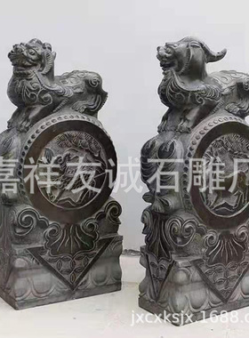 石雕抱鼓石一对青石麒麟门墩石鼓新中式别墅古建园林天然石材摆件