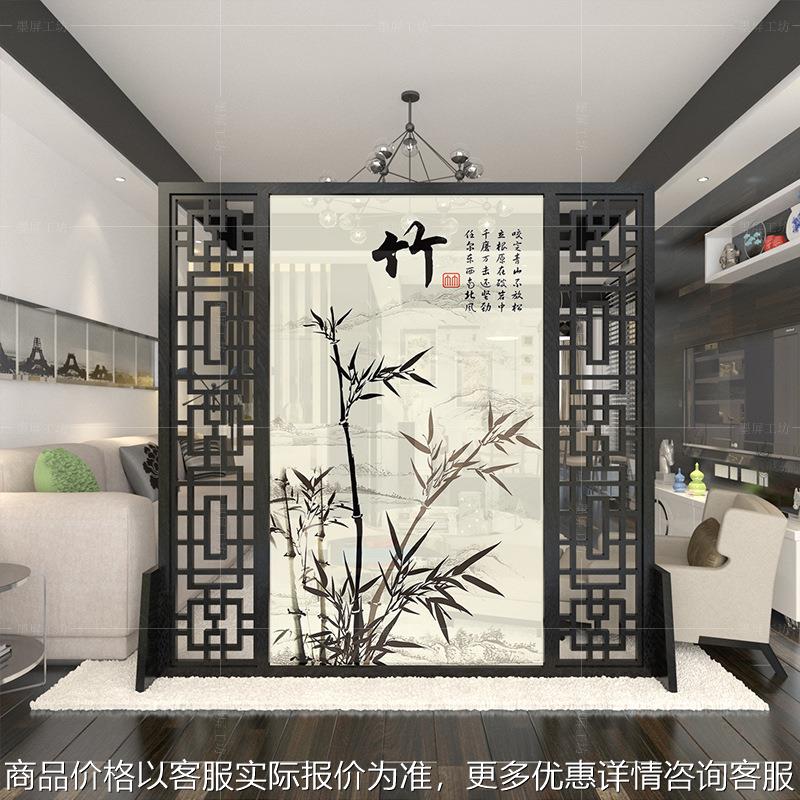 新中式实木屏风隔断客厅入户玄关半透镂空酒店办公室茶室移动座屏