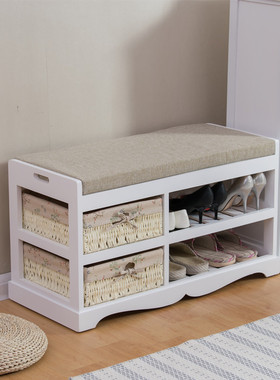 简约换鞋凳鞋柜 白色换鞋凳子实木储物凳 美式门口长Y凳沙发凳布