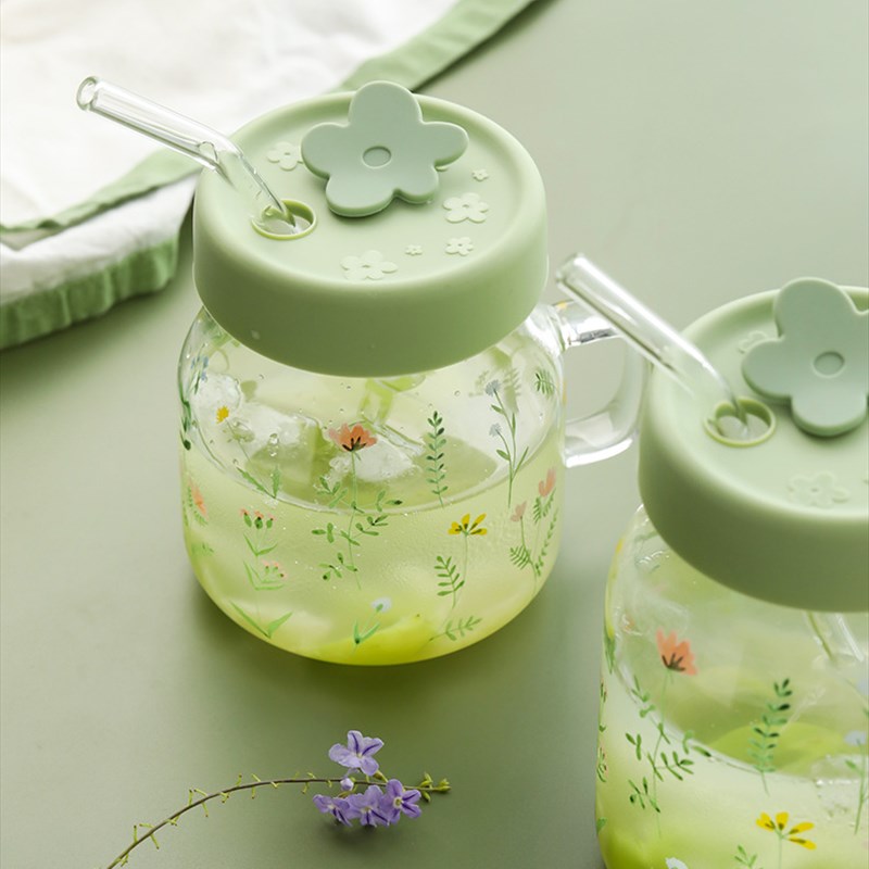 玻璃水杯茶杯带盖耐高温杯子吸管杯大容量家用女生带把手玻璃杯