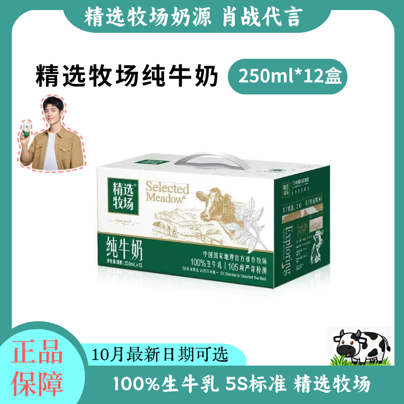 【肖战推荐】蒙牛精选牧场纯牛奶250ml*12盒精选牧场奶源