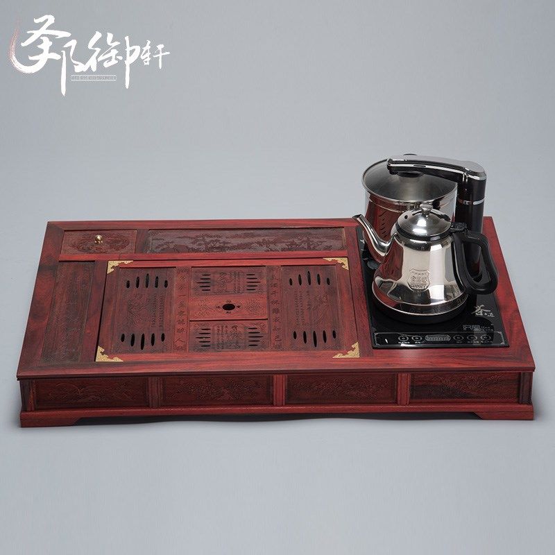 红木茶盘 寮国大红酸枝 茶桌客厅功夫茶台红木茶几带电磁炉排水管