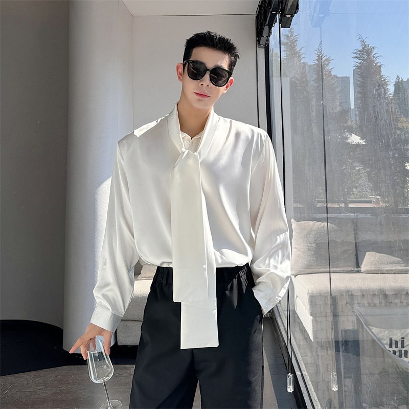 春夏小众法式垂感领带衬衫男长袖设计感痞帅丝滑面料韩版衬衣内搭