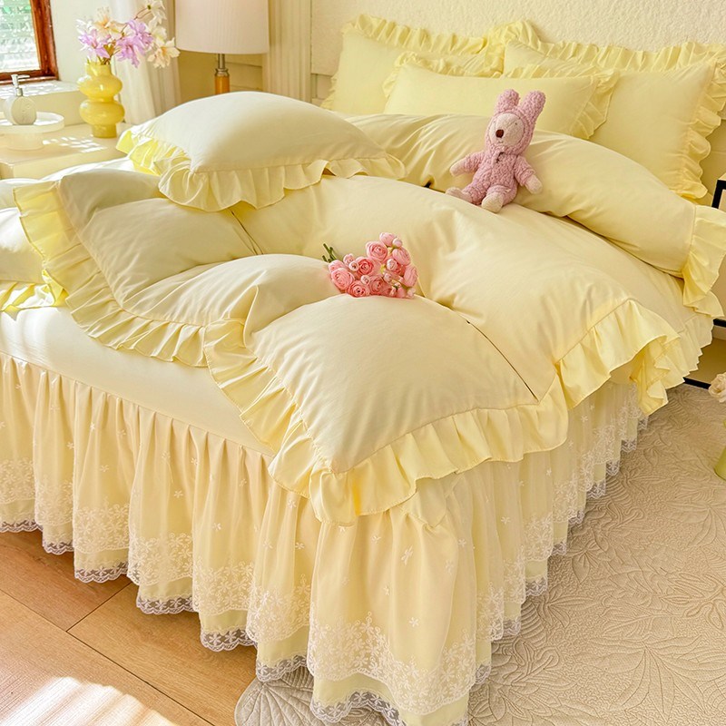 法式全棉蕾丝花边公主风床裙四件套韩式风纯棉少女心裸睡被罩床罩