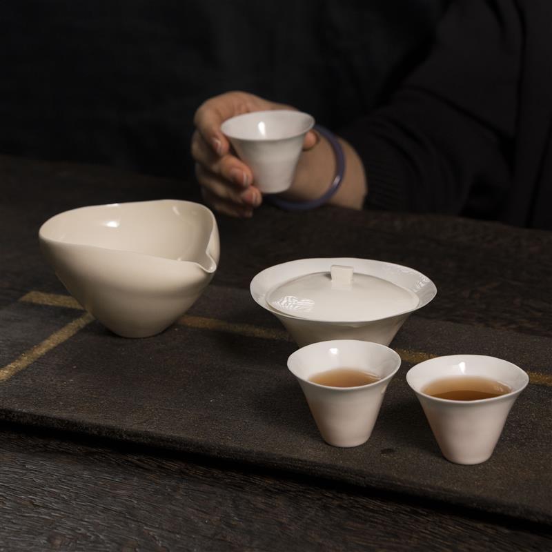 空山器吴燕辉手拓印坯白瓷盖碗金釉银釉柴烧茶杯公道杯Y薄胎不烫