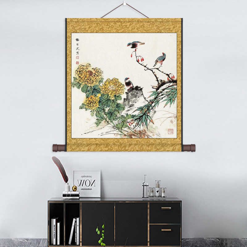 五谷丰登酒店茶楼装饰挂画斗方花鸟画招财宣贯字画礼品丝绸画国画