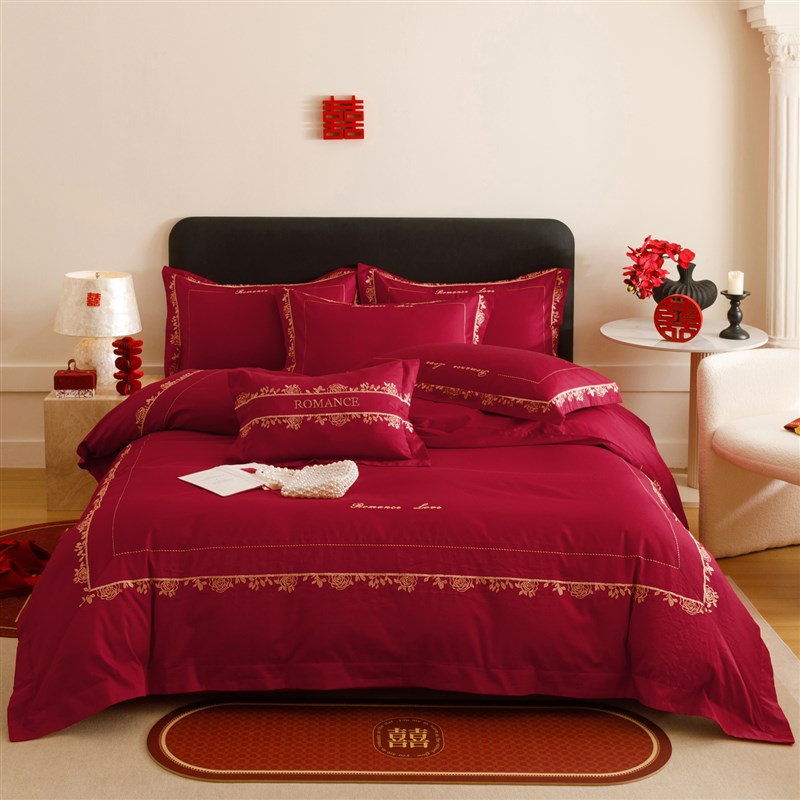 浪漫婚庆全棉长绒棉四件套红色花卉刺绣结婚嫁喜被套纯棉床上用品