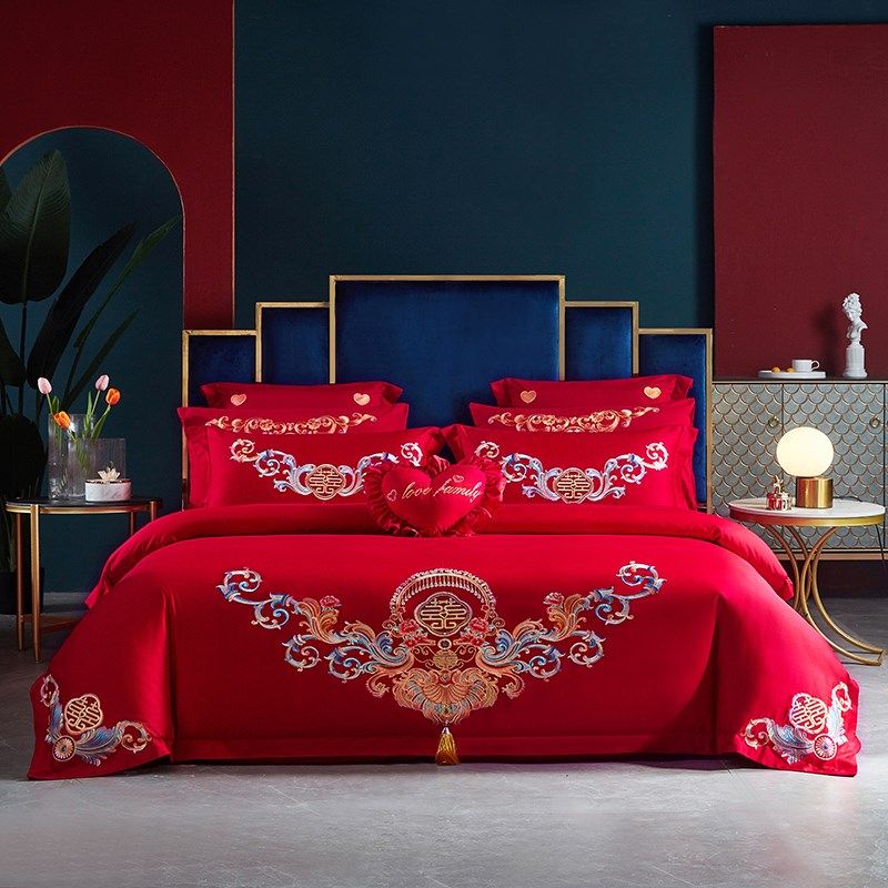 高档中式婚庆全棉四件套大红色刺绣被套纯棉结婚床上用品陪嫁婚房