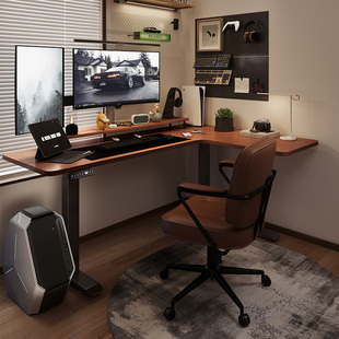 转角实木电动升降桌l型拐角电脑C桌家用黑胡桃木色书桌家用台式桌