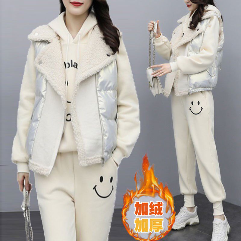 2024冬季大码宽松洋气套装加绒加厚新款韩版拼接印花时尚三件套女
