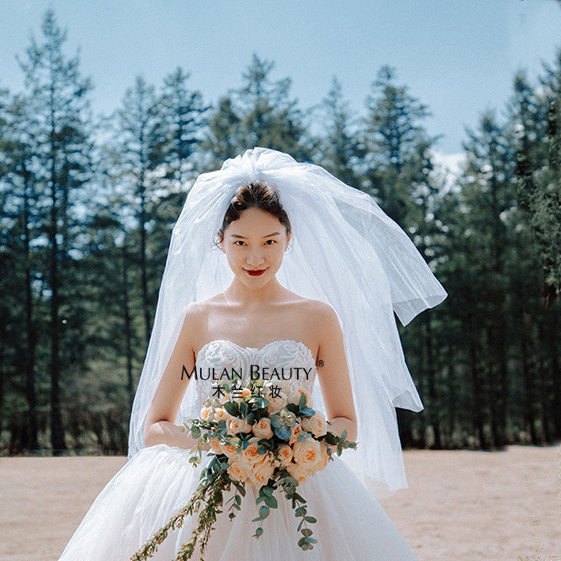 简约新款多层蓬蓬纱摄影跟妆造型硬纱新娘结婚婚X礼头纱遮面纱