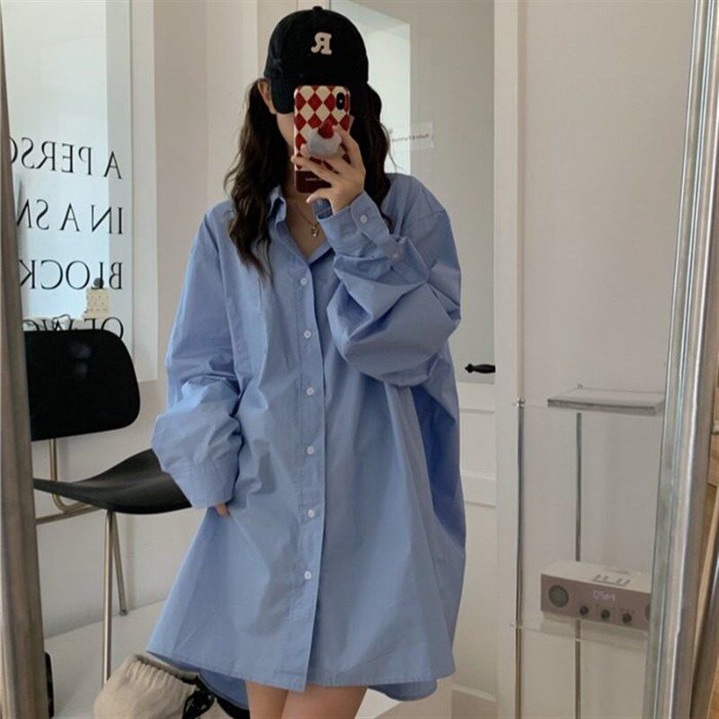 春季新款韩版大码中长款宽松百搭BFF慵懒风蓝色长袖衬衫女衬衣裙