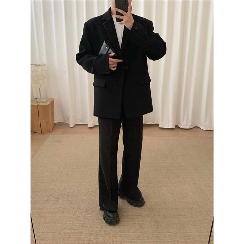 阿茶与阿古黑色百搭西裤男秋冬加厚直筒宽松开叉拖地休闲长裤