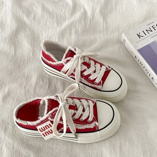 喜叔 红色两穿厚底帆布鞋一脚蹬鞋子女款夏2025新款增高透气板鞋