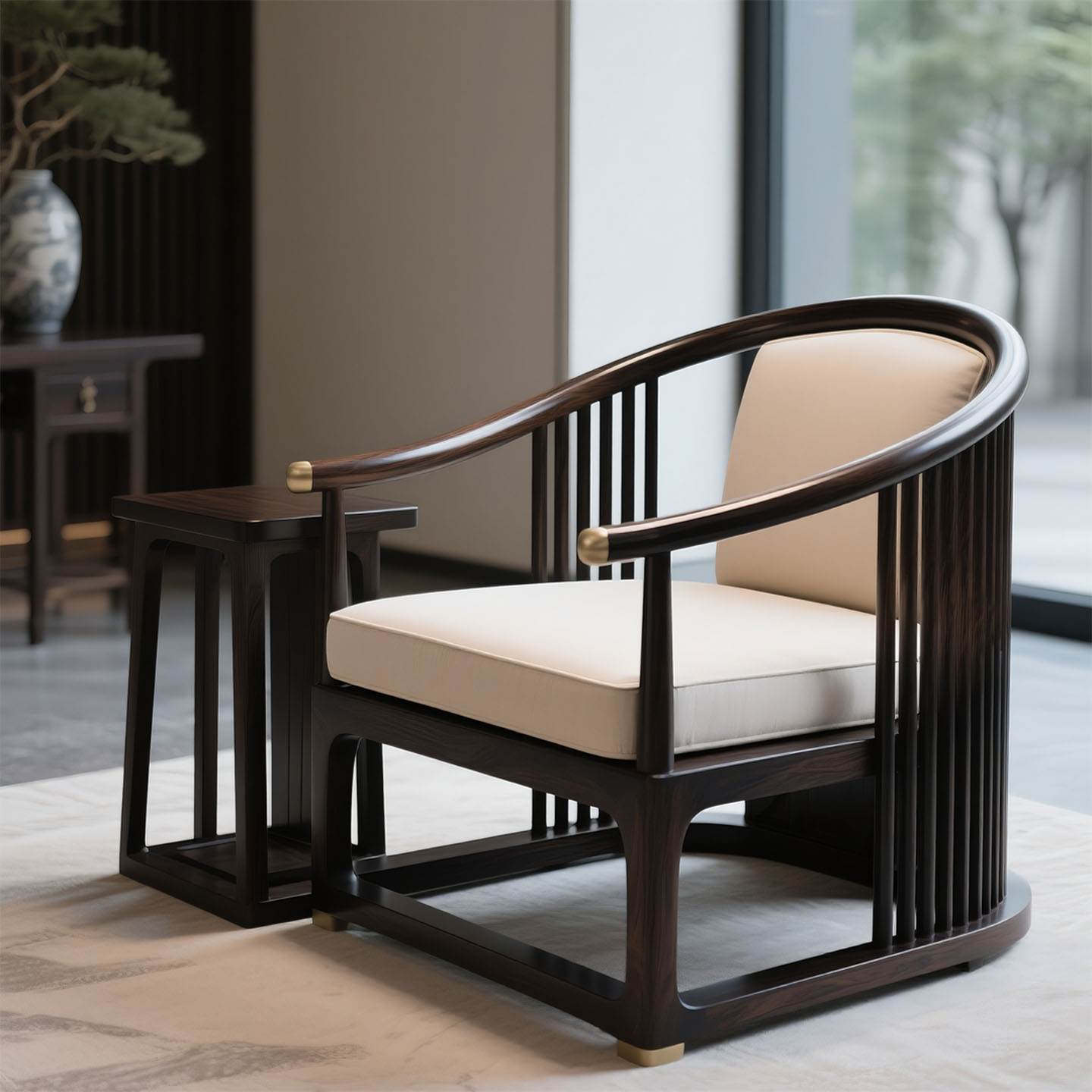 新中式乌金木实木沙发椅家用客厅阳台休闲椅民宿展厅创意接待椅子