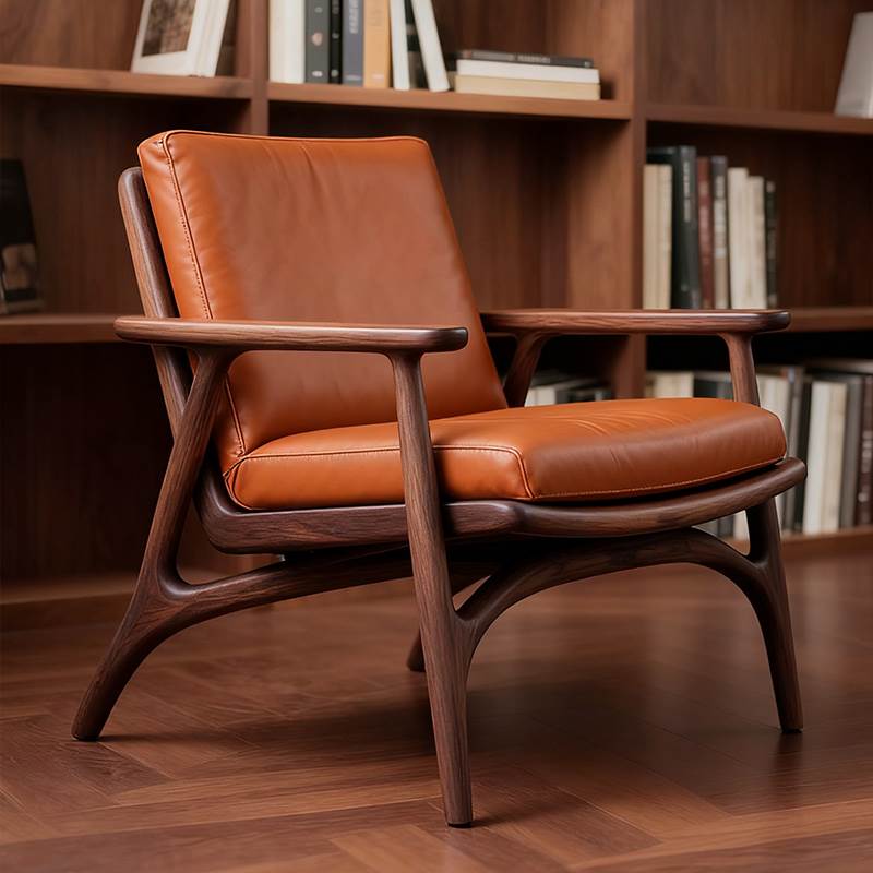 中古风黑胡桃木实木真皮沙发椅简约高端会客休闲椅阳台客厅单人椅
