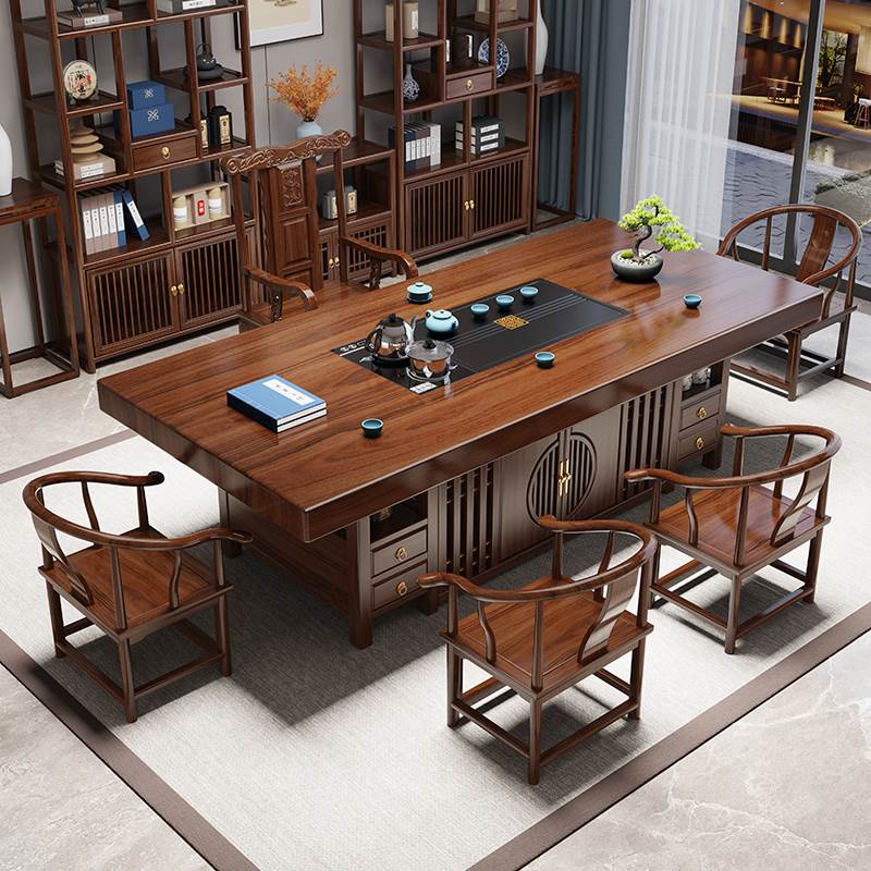 新中式实木大板原木茶桌椅组合一桌五椅套装办公室家用茶几泡茶台