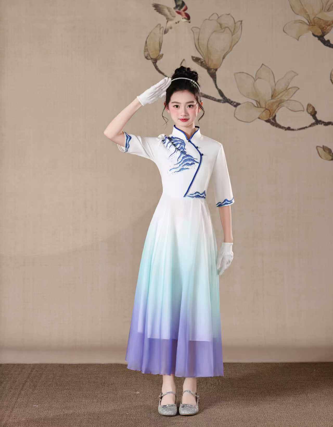 新款大合唱演出服女长裙成人红歌朗诵中学生比赛表演服装指挥礼服