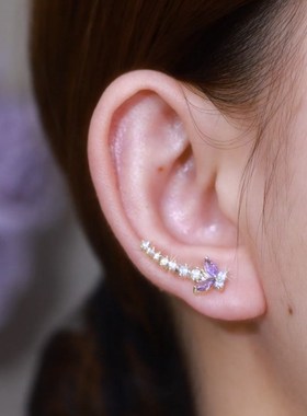 超仙紫色锆石蝴蝶耳排耳环女小众设计精致百搭耳针高级感个性耳饰