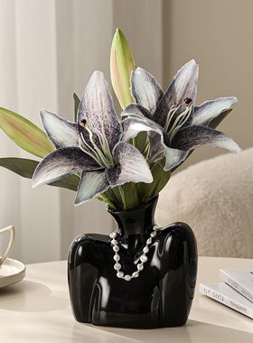 高级感陶瓷瓶鲜水培插客厅餐桌干装饰品现代黑色