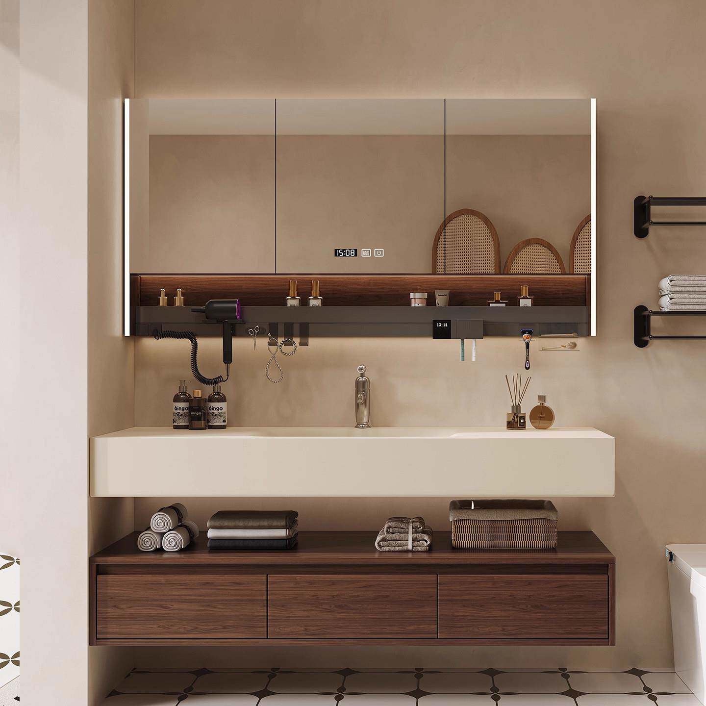 中古风浴室柜组合可可奶油岩板热弯一体盆卫生间智能洗漱台洗手盆